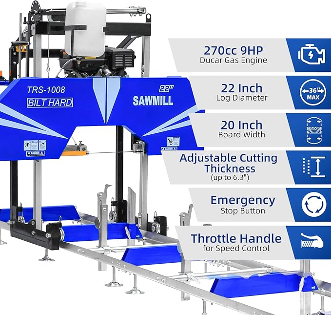 BILT HARD 22" Portable Sawmill with 270cc 9HP 4-Stroke Gas Engine, 20'' Board Width, 13' Track Length, Cuts Logs Up to 22" Dia x 129" L