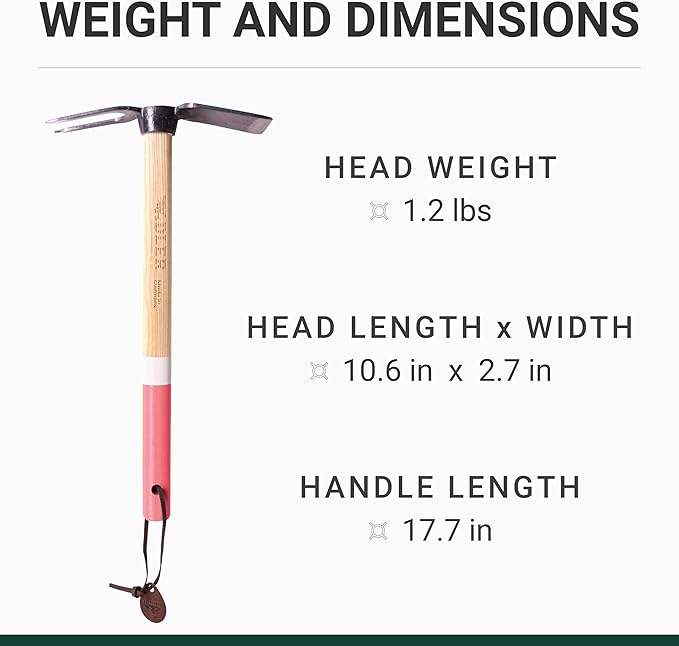 Adler - The Lily Garden Hoe, Heavy Duty Yard Tool Lawn Care, Loosening Soil, Weeding, and Digging, Steel Head 10.6 inches, Wood Handle 17.7 inches (Rose)