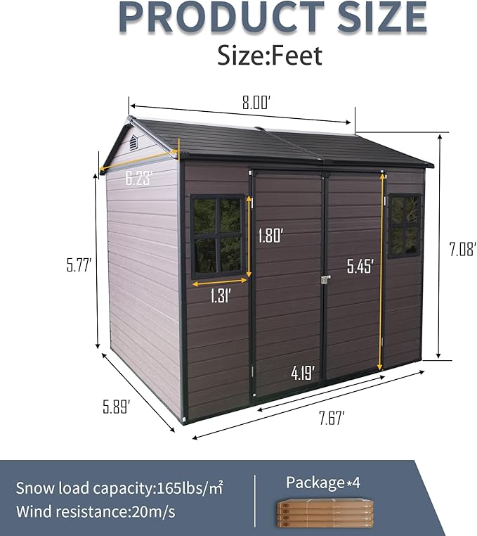 Outdoor Storage Shed with Two-Window and Double-Door, Resin Storage Shed with Lockable Door, Plastic Shed with Floor for Gargen, Patio, Yard, Lawn (Brown, 8 x 6 FT)