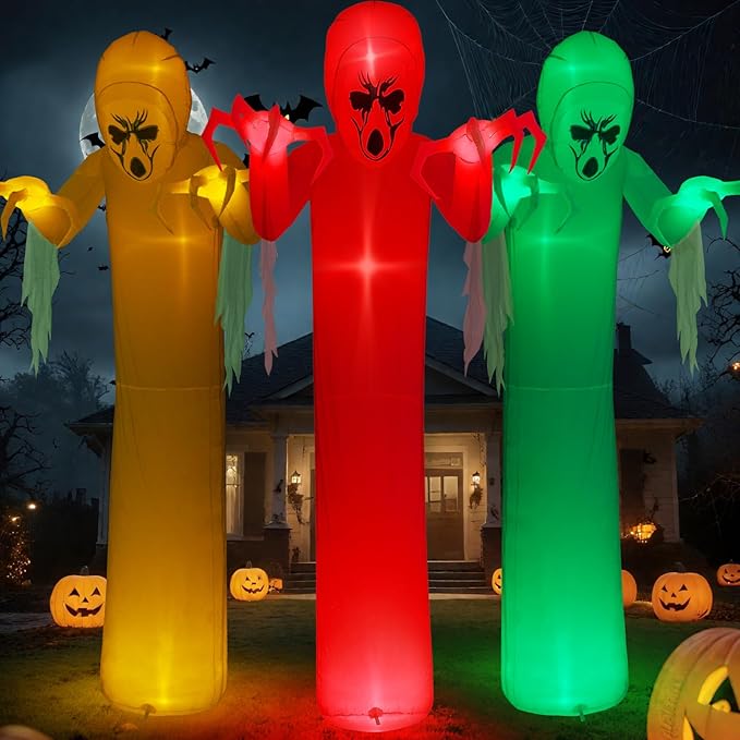 Elegear 12FT Giant Halloween Inflatable with Flowing Gauze, 7-Mode Color Changing RGB Lights, Scary White Ghost Halloween Blow Up Yard Decorations Outdoor for Lawn Garden Porch Party