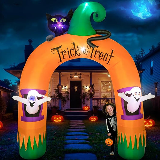 10FT Large Halloween Inflatable Archway Decoration, Halloween Blow Up Lighted Archway with Ghost & Black Cat & Cornucopia, Trick & Treat Yard Garden Patio Lawn Outside Decor
