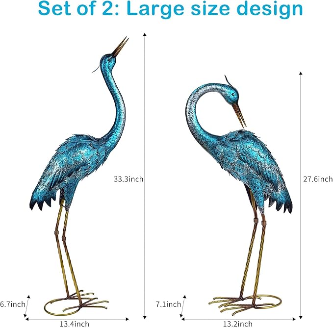 Kircust Garden Sculpture & Statues, Blue Heron Lawn Ornaments Standing Metal Crane Yard Art Large Size Bird Decoy for Outdoor Lawn Backyard Porch Patio Decoration, Set of 2