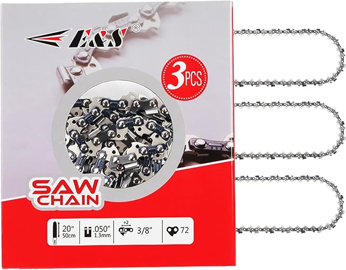 E & S 3 Pack 20 Inch Chainsaw Chain 3/8" Pitch .050" Gauge 72 Drive Links Semi-Chisel Chain Saw Chains for Husqvarna, Poulan, Craftsman, Greenworks and More Chainsaw Brands
