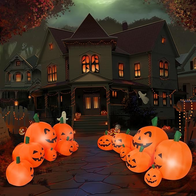 DearSun 8.0FT Long Halloween Inflatable Pumpkin Patch Fall Inflatable Thanksgiving Inflatable Pumpkin Patch Blow up Pumpkin Decor Outer Large Party Yard Decoration