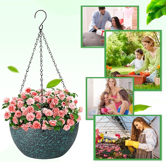 12 inch Hanging Planters for Indoor Plants, 2 Pack Planters for Outdoor Plants with Drainage Holes and Chain, Round Plastic Hanging Baskets, Hanging Flower Pots for Balcony Garden Decor-Black Speckle