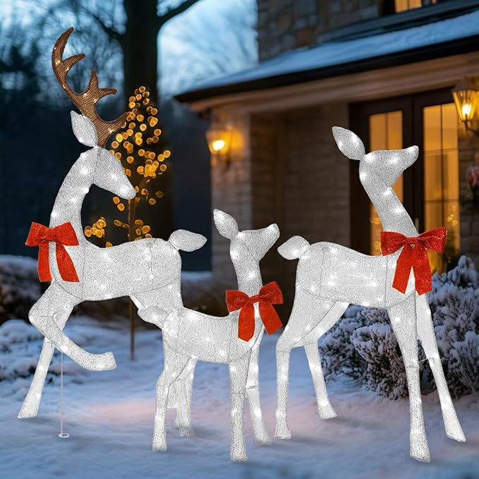 4.5Ft Lighted Reindeer Outdoor Christmas 2D Deer Family Sets Outdoor Reindeer Christmas Yard Decoration with LEDs/Stakes/Zip Ties for Holiday Patio Lawn Garden