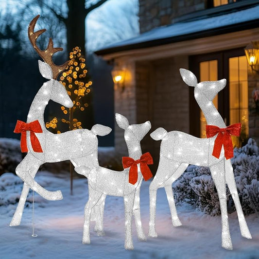 4.5Ft Lighted Reindeer Outdoor Christmas 2D Deer Family Sets Outdoor Reindeer Christmas Yard Decoration with LEDs/Stakes/Zip Ties for Holiday Patio Lawn Garden