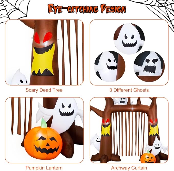 9FT Halloween Inflatable Dead Tree Archway, Halloween Blow Up Yard Decorations with Pumpkin & Ghost, Build-in LED Lights, Halloween Inflatable Arch for Halloween Party Outdoor Garden Lawn