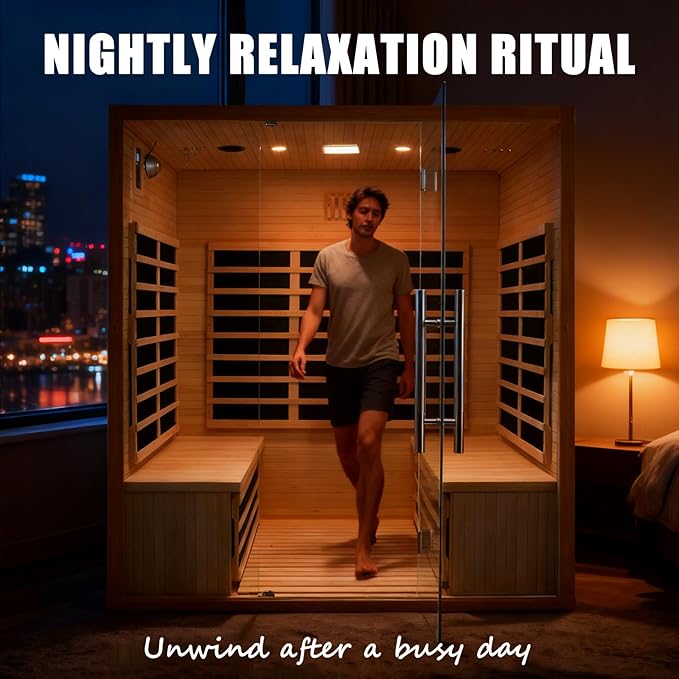 Homsido 3-4 Person Sauna, Hemlock Wooden Indoor Far Infrared Home Sauna Room 11 Low EMF Infrared Carbon Panels with Tempered Glass Door,Bluetooth Speakers 7 Chromotherapy Lights（220V, 2880W）