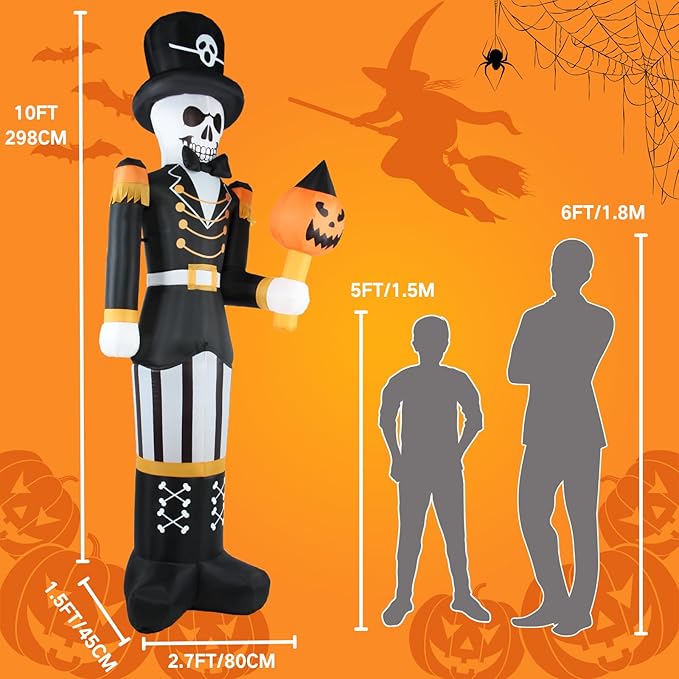 10FT Halloween Inflatables Outdoor Decorations Giant Scary Skeleton General with Pumpkin, Built-in LED Lights, Holiday Yard Garden Party Blow Up Spooky Lawn Décor