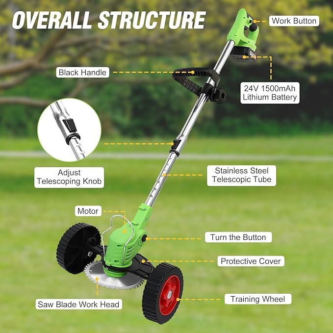 ALSO GO 24V Electric Weed Wacker, Cordless Weed Trimmer, Battery Powered Grass Trimmer with 2pcs Batteries, 3 in 1 Weed Eater with Wheels, Stringless Lightweight Grass Cutter for Lawn Garden Yard