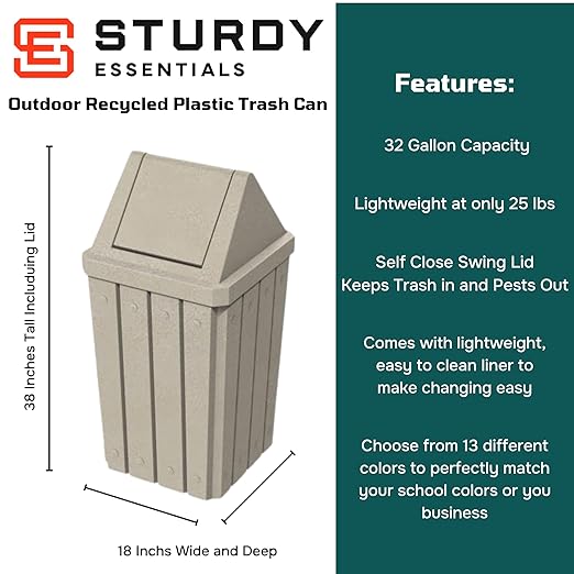 32 Gallon Square Slatted 100% Recycled Plastic Heavy Duty Outdoor Commercial Trash Can with Swing Top Lid | Great for Schools and Businesses - Beige Granite