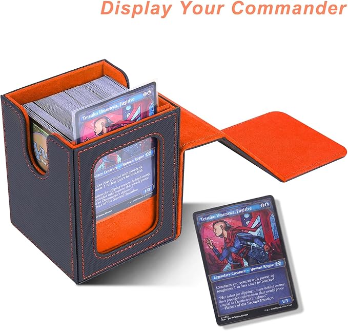 AFIING MTG Deck Box for Commander Display,Card Deck Case Fits 100 Double Sleeved Cards, Magic Commander TCG Card Storage Box with 2 Dividers,Dice Bag and 1 Toploader(Black/Orange)
