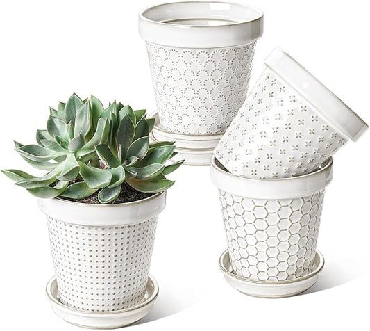 LE TAUCI Ceramic Plant Pots, 4.9 Inch Flower Pots with Drainage Hole & Saucer, Embossed Planter Pots for Indoor Plant Succulent, Orchid, Cactus, Home Decor - Set of 4, Arctic White