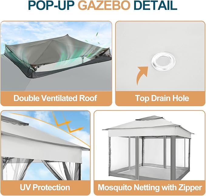COBIZI 10x10 Pop Up Gazebos on Clearance 11x11 Canopy Tent Easy Up Outdoor Gazebo Waterproof Portable Gazebo with Mosquito Nettings, Double Vented Roof and Carry Bag for Patio Garden Lawn(Gray)
