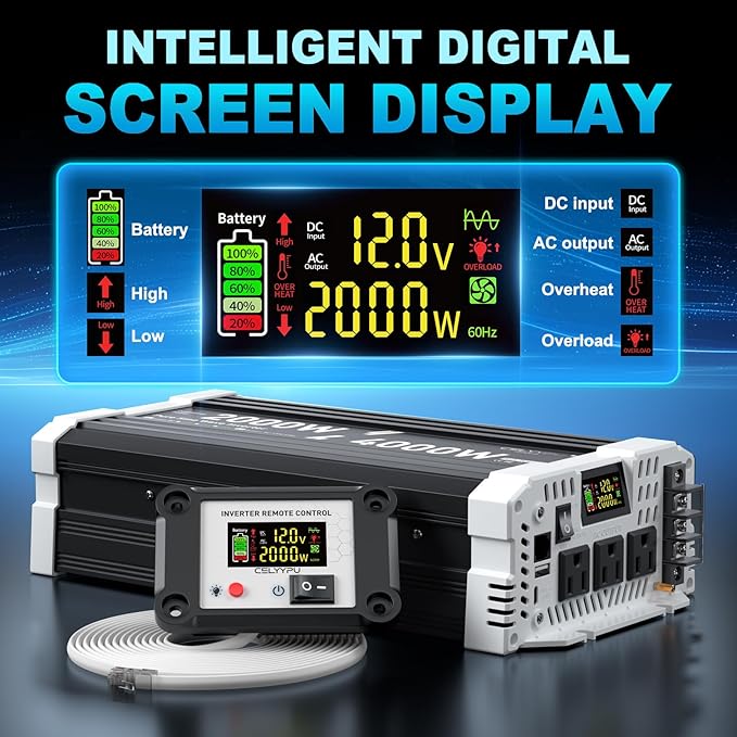 2000 watt Pure sine Wave Inverter, 12V DC to 110V AC Power Inverter, Used for Solar Emergency Power Supply in RV Homes, with 3 AC Output sockets, USB Port, Type-C Port, Remote Control with LCD Screen