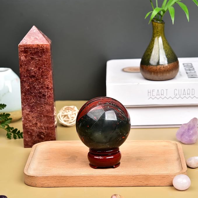 JIC Gem Natural African Bloodstone Healing Crystal Sphere Divination Gemstone Ball,Feng Shui Reiki Aura Home Desk Decor (80-90mm)