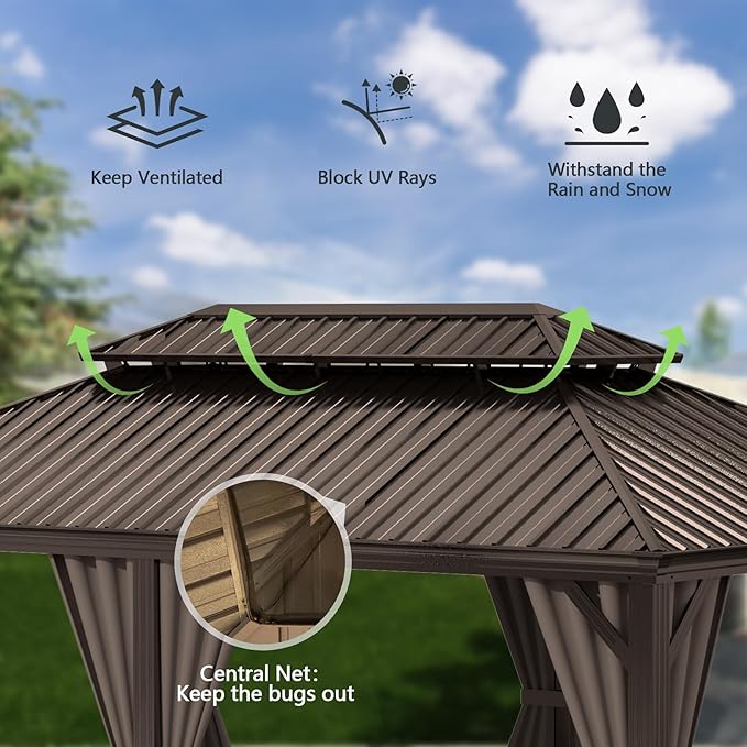 Domi 14x22FT Outdoor Gazebo, Hardtop Gazebo with Galvanized Steel Double Roof, Metal Gazebos with Drainage System Patio Pergola for Patio Deck Backyard,Curtain and Netting,Brown