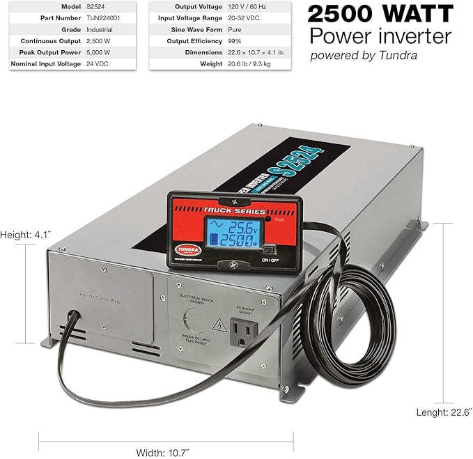 Tundra S Series - DC/AC Truck Power Inverter - Pure Sine Wave 2500W / 24V DC to 120V AC - S2524
