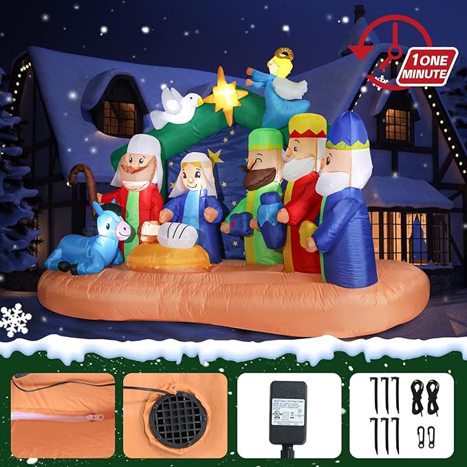 6 FT Christmas Inflatables Nativity Scene Decorations Outdoor Blow up Christmas Inflatables Nativity Scene LED Light Built-in for Holiday Party Yard Decor