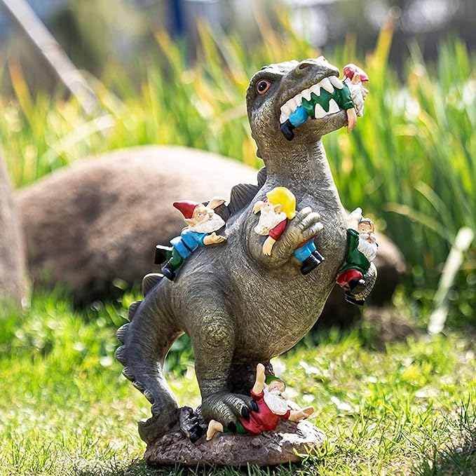 M.A.K Dinosaur Eating Gnomes Garden Decor, Art for Garden Decor, Outdoor Statue for Patio, Lawn, Yard Art Decoration, Housewarming Garden Gift