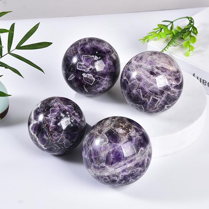 JIC Gem 3.1-3.5 inch(80-90mm) Large Crystal Ball Chevron Amethyst Healing Crystals Sphere with Wooden Stand Meditation Home Decor