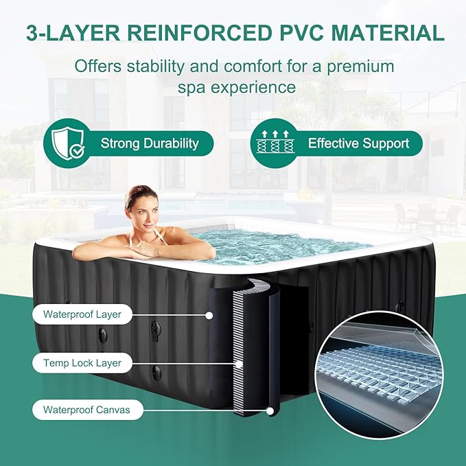 DoCred 4-6 Person Inflatable Hot Tub, 73" X 73" X 25" Square Blow up Portable Hot tub with 130 Bubble Jets, Large Outdoor Spa Bathtub Set Included Heater Pump, Insulated Cover and Filter