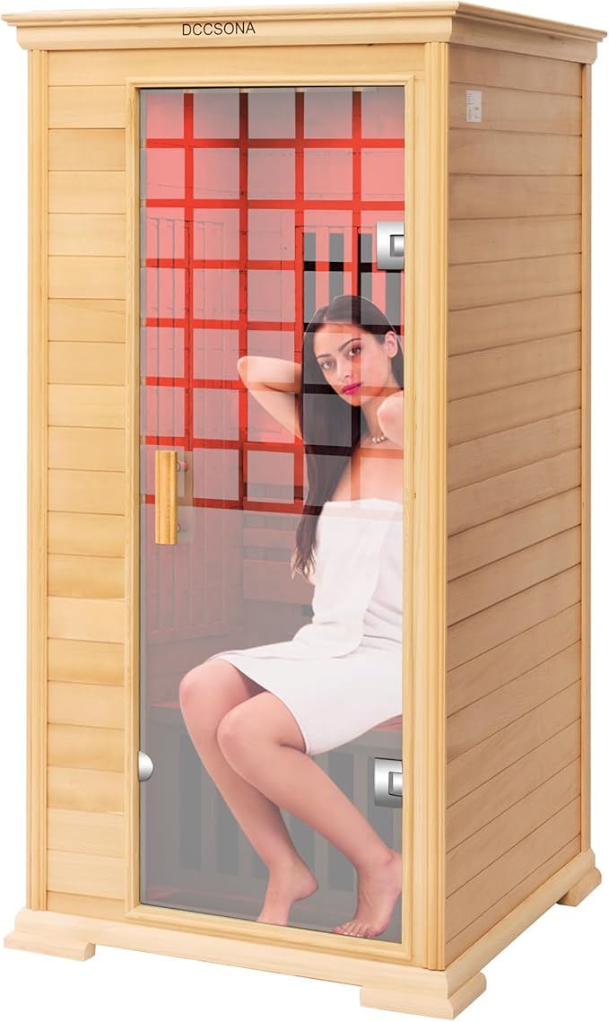 1-Person Home Infrared Dry Sauna Cabin 1600W/110V – Canadian Hemlock Wood, Tempered Glass Door, Red-Light Therapy & Bluetooth Speaker, Easy DIY Assembly, Size 37.1″×35.8″×74″