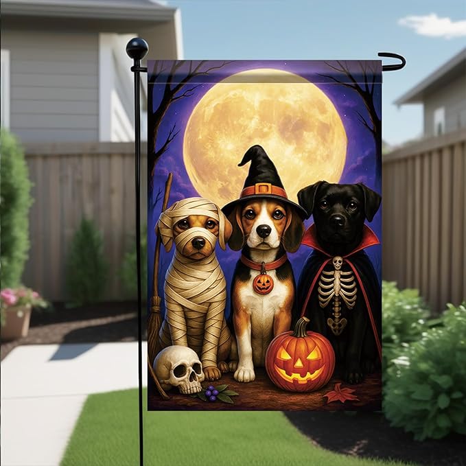 Halloween Fall Garden Flag Dog Costume Flag 12x18 Inch Double-Sided Beagle Labrador Mummy Skeleton Witch Pumpkin Yard Banner Autumn Outdoor Decor Porch Lawn Pathway Dog Lover Gift