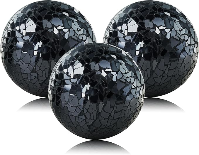 Decorative Balls for Centerpiece Bowls Black Mosaic Glass Orbs Sphere Crack Ball Mirror Globe Sparkle Coffee Table Decor Vase Filler Home Christmas 3 Pcs 3.35 Inch