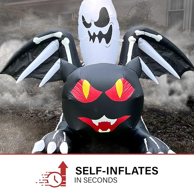 Haunted Hill Farm 5-Ft Tall Black Cat Bat Blow Up Inflatable with Red Eyes, Ghost, and Lights, Outdoor Halloween Inflatable Decoration for Lawn and Yard, Giant Spooky Holiday Decor