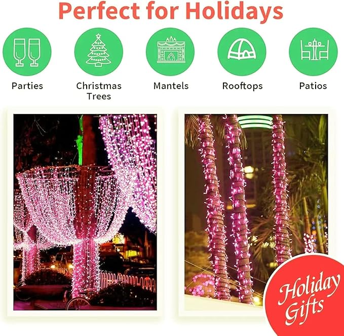 66ft Christmas Decorative Mini Lights,200 LED Transparent Wire Fairy Starry String Lights Plug in, 11 Lighting Modes, for Indoor Outdoor Xmas Tree Wedding Party Decoration (Pink)