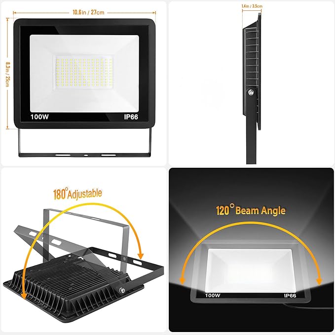 100W LED Flood Light Outdoor, 2Pack 10000LM Super Bright, IP66 Waterproof Outside Work Lights, 6000K Daylight White Security Lights, Plug in Flood Light for Yard Garage Garden Patio