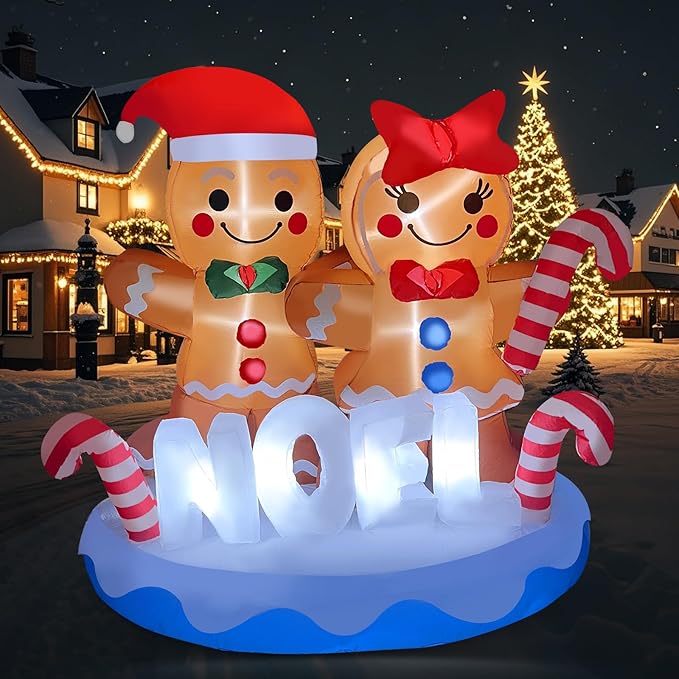 2025 Christamas Inflatable Gingerbread 6FT Gingerbread Man Couple with Candy Canes Christamas Inflatables Outdoor Decorations Xmas Blow Up Decor with Built-in 8 LEDs for Holiday Yard Garden Lawn