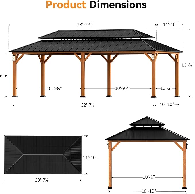 Modern Shade The Horizon Permanent Hardtop Gazebo 12' x 24' with 4 LED Lights, Outdoor Gazebo w/Galvanized Steel Double Roof, Patio Pavilion w/Decor Hooks, Mosquito Netting and Curtains, Wood-Looking