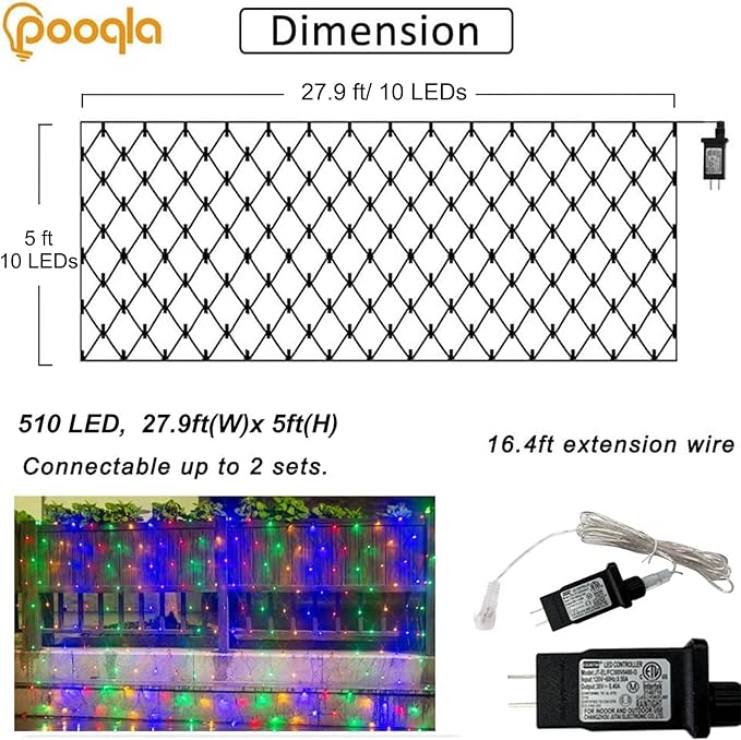 Christmas Net Lights, 510 LED Large Outdoor Net Mesh Lights for Bushes 28x5 ft, 8 Modes Waterproof Twinkle String Lights Connectable for Halloween Hedge Yard Garden Party Decor, Colorful