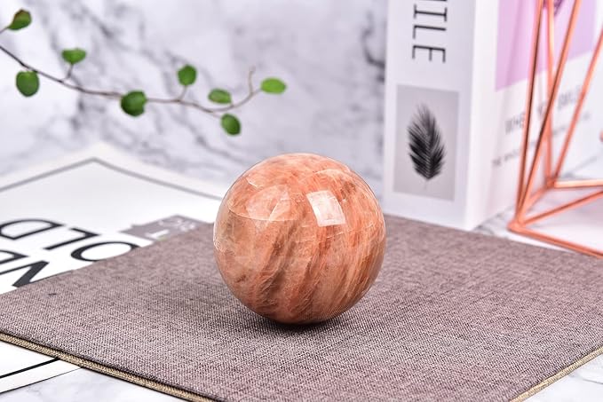 JIC Gem Orange Moonstone Crystal Ball Healing Crystals Sphere with Decorative Wooden Stand 2-2.3 inch (50-60mm)