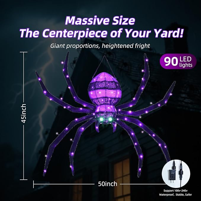 HOYECHI Halloween Decorations Outdoor Hanging Spider - 4.2FT Giant Climb The Wall Spider Halloween Decor, Light Up Spider with 90 LED Lights, for Front Yard Porch Roof Party Outside - Black