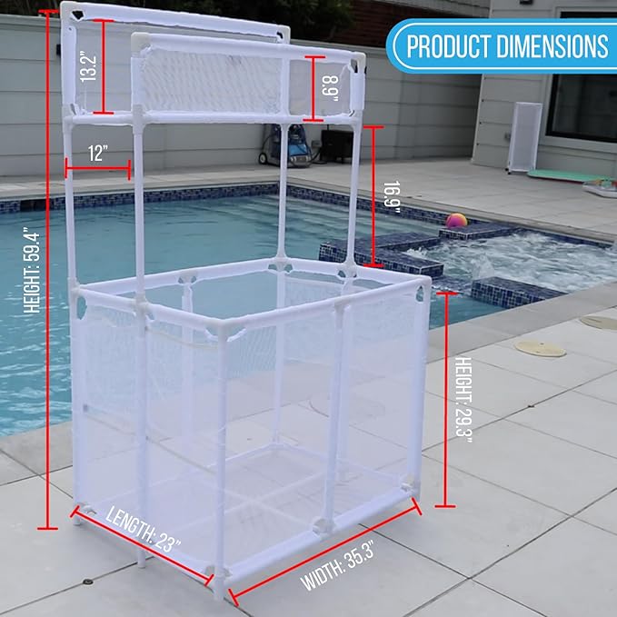 Essentially Yours Pool Storage Equipment Organizer Holder - Noodles, Toys, Balls and Floats Mesh Rolling Double Decker Bin, Large with Noodle Holder, (35.3" W x 23" L x 59.4" H), White Style 561935