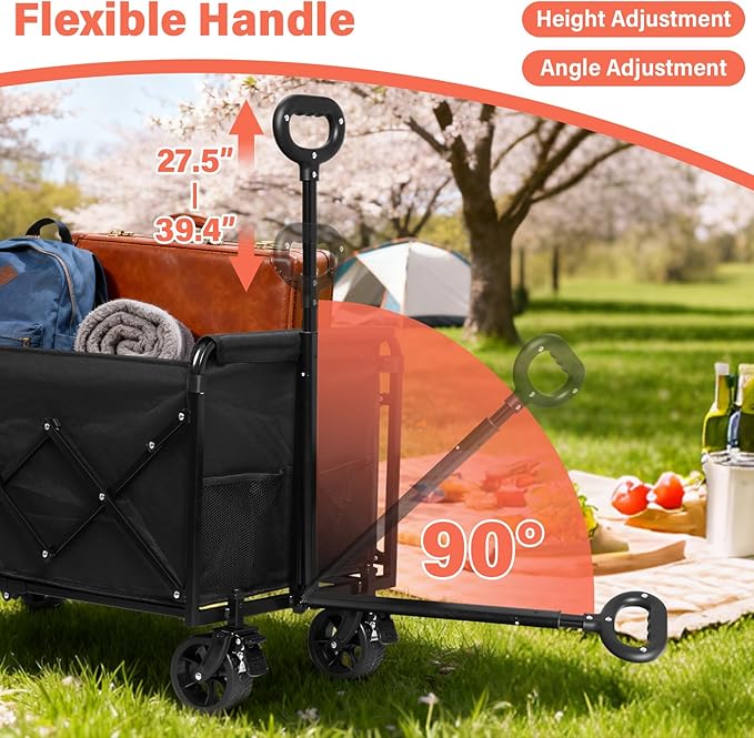 Collapsible Wagon Cart Foldable - Extra Large 500 lbs Capacity Portable Folding Beach Wagon with Wheels - Heavy Duty Utility Cart for Groceries, Shopping, Camping, Sports, Garden - Black