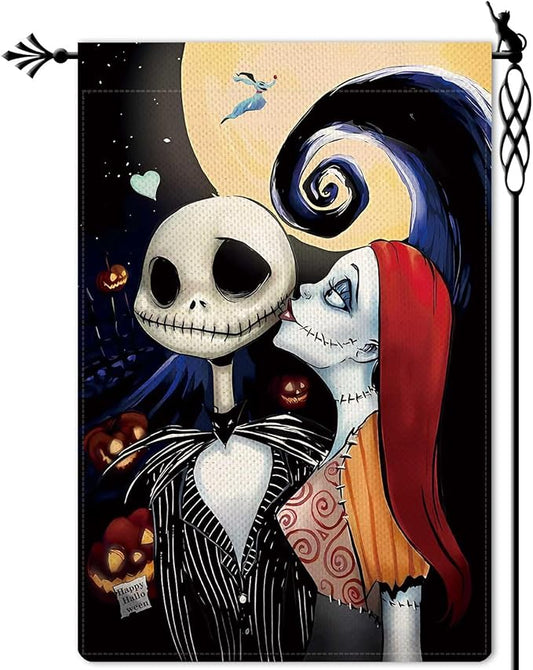 Halloween Ghost Garden Flag The Nightmare Garden Flag Sally Kisses Jack Vertical Double Sided Rustic Farmland Burlap Yard Lawn Outdoor Decor 12.5x18"