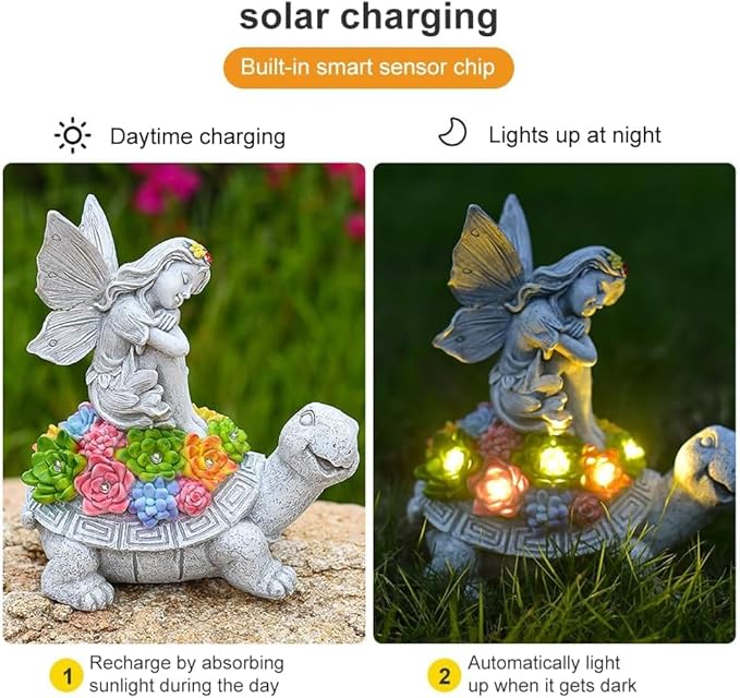 Solar Angel Garden Statue，Solar Garden Statue Angel and Turtle,Figurines Outdoor Decor,Outdoor Solar Statue with LED Lights for Yard,Patio,Lawn Art Decoration,Housewarming Gift