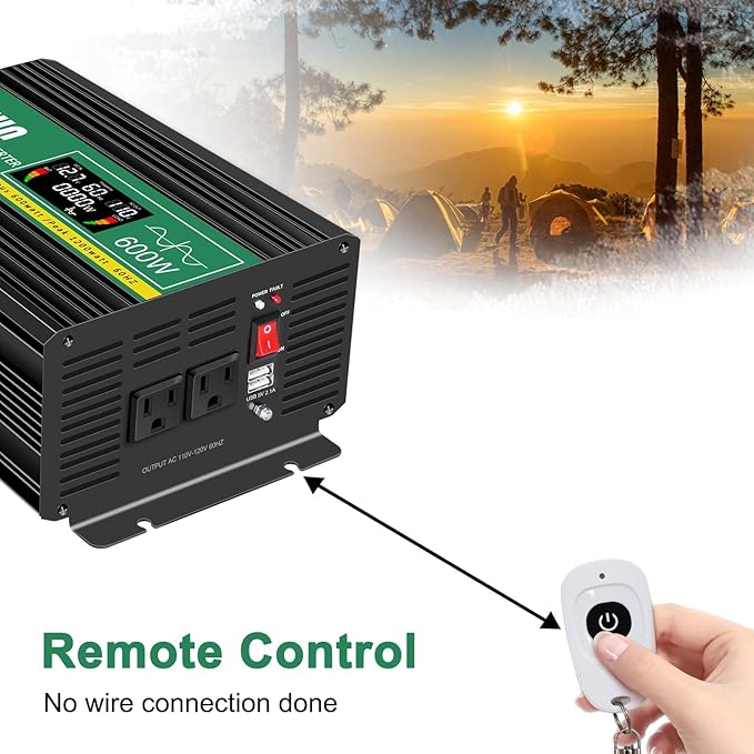 Pure Sine Wave Inverter,600W 12V to 110V Power Inverter Converter,USB Output LCD Display for Home Camping RV Emergency Appliance with Protective Cap