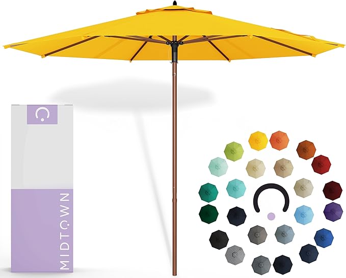 Midtown Umbrellas The Wooden 9 Feet Patio Umbrella With Sunbrella Yellow Acrylic Fabric - Aluminum Frame Market Umbrella For Backyard, Deck, Garden, Pool - Wooden Pole