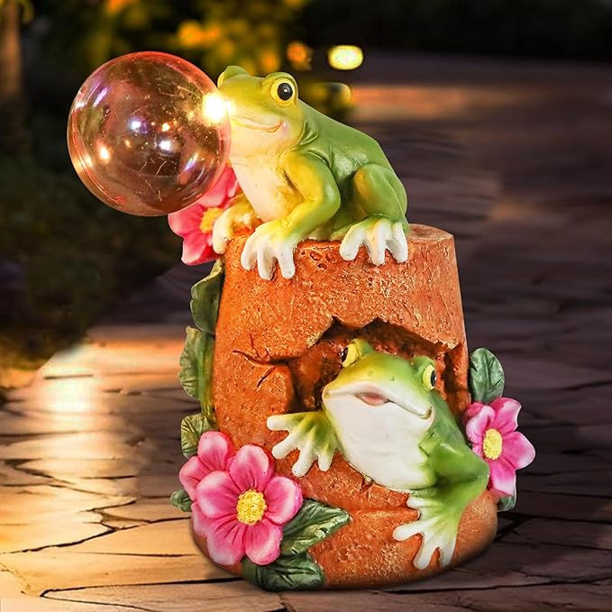 Afirst Solar Garden Outdoor Statues Frog Solar Garden Statue Blowing Bubble with Flowers Waterproof Resin Figurines Yard Outdoor Decorations for Patio Yard Lawn Ornament Gifts