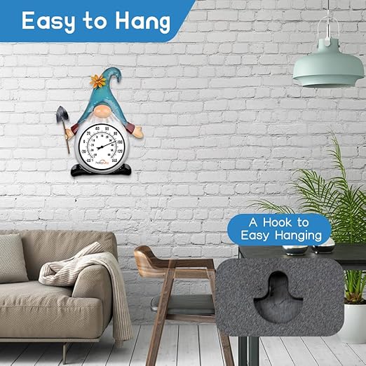 Indoor Outdoor Thermometer, Gnome Wall-Mounted Thermometer Waterproof for Patio Garden Yard & Living Room, No Battery Needed