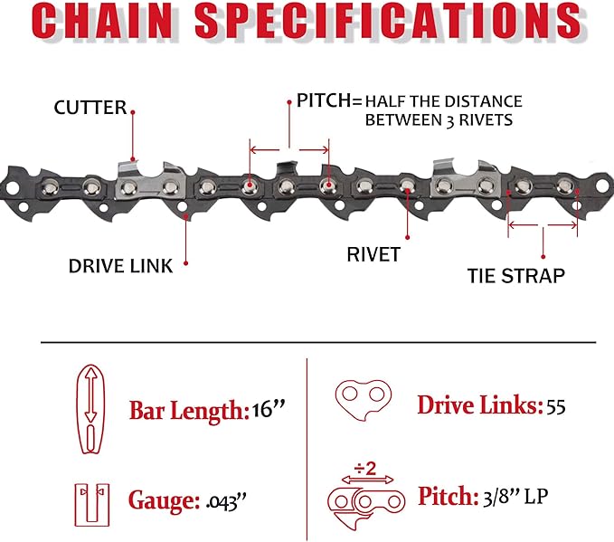 E & S 3 Pack 16 Inch Chainsaw Chain 3/8" LP Pitch .043" Gauge 55 Drive Links Semi-Chisel Chain Saw Chains for Husqvarna, Poulan, Craftsman, Greenworks and More Chainsaw Brands