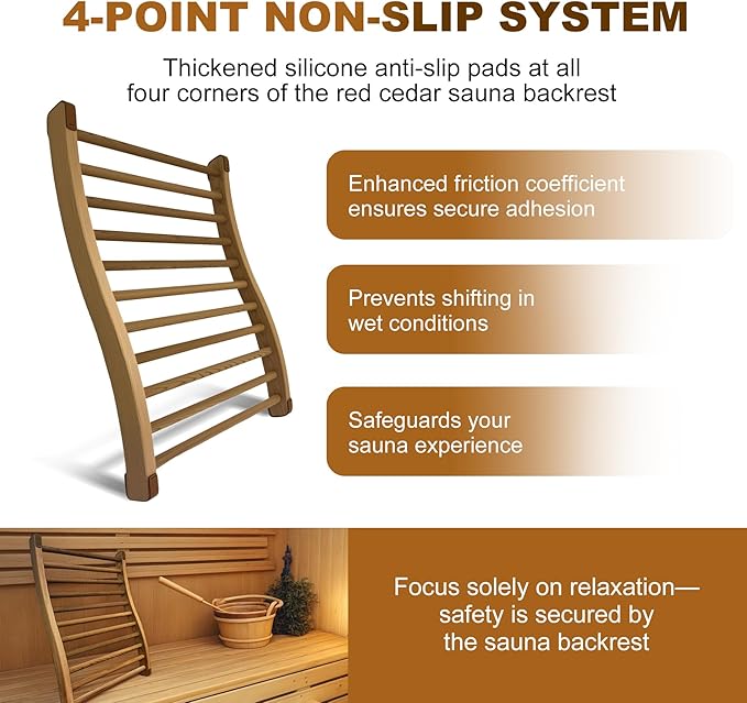 2025 Upgraded Premium Red Cedar Wood Sauna Backrest, Sauna Accessories with Non-Slip Pad, S-Shaped Ergonomic Design, Sauna Chair with Backrest, for Infrared Sauna and All Barrel Saunas, Handmade, 21"