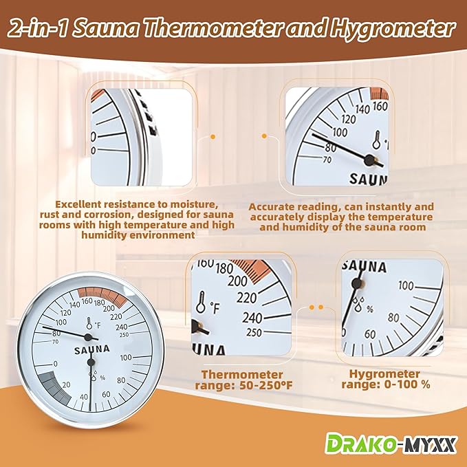 Upgraded Sauna Backrest Sauna Accessories, S-Shaped Design with Non-Slip Pads, Handmade Infrared Sauna Kit, 2 in 1 Thermometer Hygrometer (Fahrenheit) Temperature: 70-250°F, Humidity: 0-100%