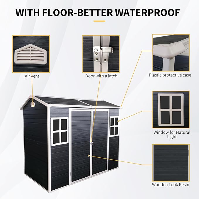 Outdoor Storage Shed with Two-Window and Double-Door, Resin Storage Shed with Lockable Door, Plastic Shed with Floor for Gargen, Patio, Yard, Lawn (Black, 8 x 4 FT)